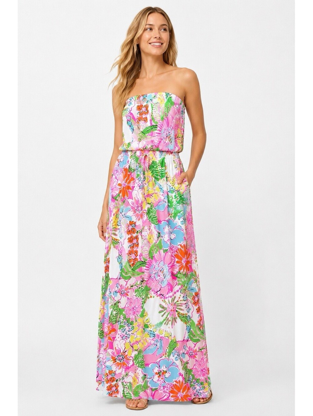 Lilly Pulitzer Target Strapless Maxi Dress Small Pink Floral Tropical Rayon